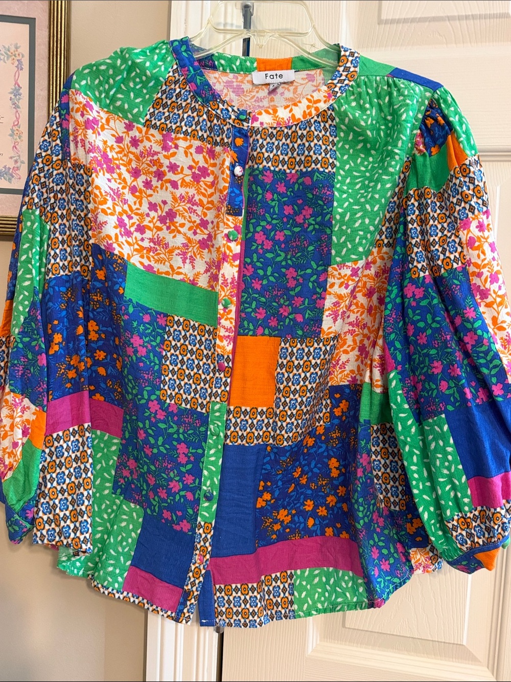 Fate Multicolor Patchwork Floral Button-Front Blouse in Green, Blue & Orange